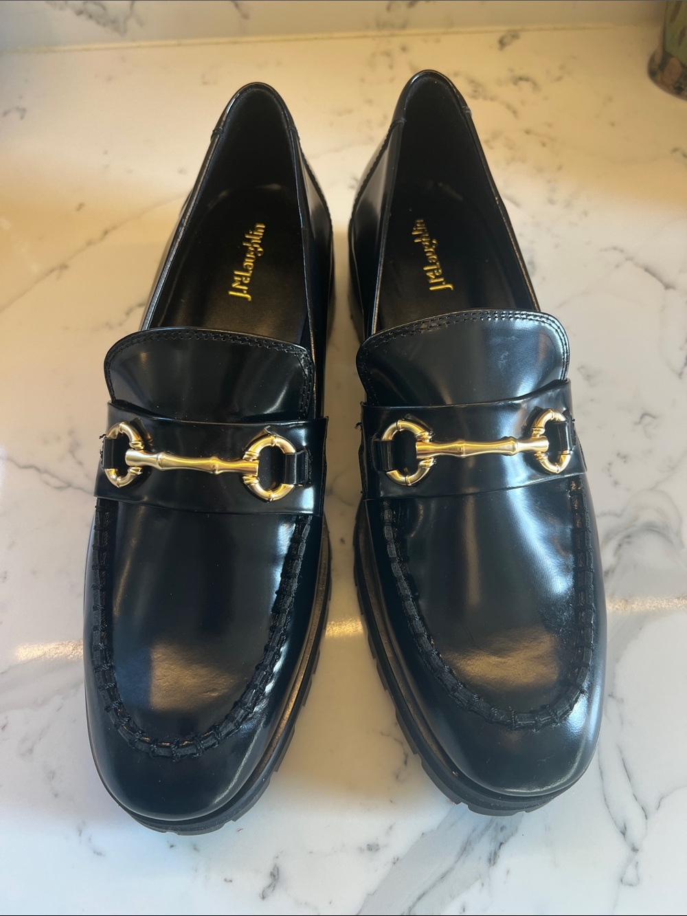J. McLaughlin Black Leather Loafers with Gold Horsebit